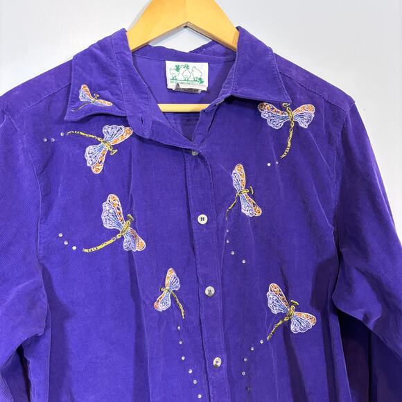 Whimsical Dragonfly Embroidered Button Down Purple Cotton Shirt | Bright Winter - Picture 8 of 9